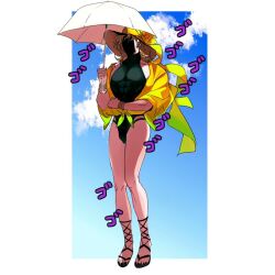 Rule 34 | 1boy, adapted costume, black leotard, black nails, blonde hair, bracelet, cloud, commentary, dio brando, full body, holding, holding umbrella, jacket, jewelry, jojo no kimyou na bouken, leotard, long hair, male focus, muscular, muscular male, nail polish, parasol, pectorals, sandals, shaded face, shenshan laolin, solo, stardust crusaders, symbol-only commentary, umbrella, yellow jacket