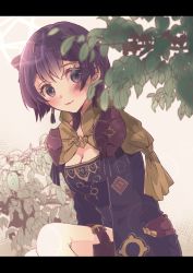 Rule 34 | 1girl, bernadetta von varley, blush, bow, breasts, cleavage, dress, earrings, fire emblem, fire emblem: three houses, grey eyes, hair between eyes, hair bow, highres, jewelry, letterboxed, long sleeves, looking at viewer, nintendo, plant, purple dress, purple hair, short hair, small breasts, smile, solo, sui (aruko91), thigh strap