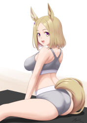Rule 34 | 1girl, animal ears, ass, blonde hair, breasts, feet out of frame, from behind, grey panties, grey sports bra, highres, horse ears, horse girl, horse tail, large breasts, looking at viewer, narita top road (umamusume), panties, red eyes, short hair, smile, solo, sports bra, t2r, tail, umamusume, underwear, white background
