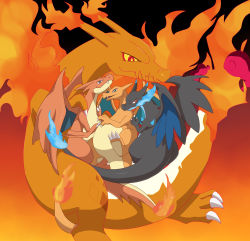 Rule 34 | absurdres, blue eyes, blue fire, charizard, claws, creatures (company), enohito, fangs, fire, flame-tipped tail, game freak, gen 1 pokemon, gigantamax, gigantamax charizard, highres, horns, looking at viewer, mega charizard x, mega charizard y, mega pokemon, multiple persona, nintendo, no humans, open mouth, pokemon, pokemon (creature), red eyes, smile, tail