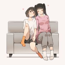Rule 34 | 2girls, absurdres, beige background, black shorts, blush, breasts, brown eyes, brown hair, closed eyes, closed mouth, collarbone, commentary, couch, eichan (eichanidfi), full body, grey pants, heart, highres, holding hands, knee up, long hair, long sleeves, loungewear, medium breasts, multiple girls, on couch, orange socks, original, pants, pink sweater, shirt, short hair, short sleeves, shorts, sideways glance, simple background, sitting, smile, socks, sweater, t-shirt, twintails, white legwear, white shirt, yuri