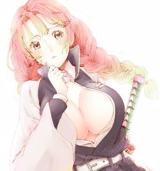 Rule 34 | 1girl, blush, braid, breasts, cleavage, frown, gradient hair, green hair, jacket, kanroji mitsuri, katana, kimetsu no yaiba, large breasts, looking to the side, mole, mole under eye, multicolored hair, open clothes, open jacket, pink hair, solo, sword, twin braids, upper body, weapon, white background, yumeji poni