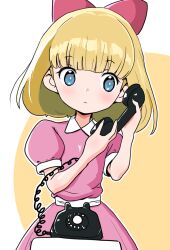 Rule 34 | 1girl, blonde hair, blue eyes, blunt bangs, bow, bright pupils, closed mouth, collared dress, detesu, dress, flat chest, hair bow, holding, holding phone, light blush, looking at viewer, mother (game), mother 2, paula (mother 2), phone, pink bow, pink dress, puffy short sleeves, puffy sleeves, sash, short hair, short sleeves, simple background, solo, standing, telephone, two-tone background, white background, white sash, yellow background