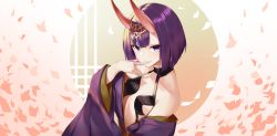 Rule 34 | 1girl, blunt bangs, breasts, closed mouth, clothes down, fate/grand order, fate (series), highres, horns, japanese clothes, kimono, looking at viewer, purple eyes, purple hair, purple kimono, revealing clothes, short hair, shuten douji (fate), small breasts, smile, solo, star741, upper body, white background
