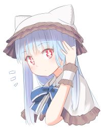 Rule 34 | 1girl, adjusting hair, animal hat, blue bow, blue hair, blunt bangs, bow, bowtie, capelet, cross, hat, image sample, long hair, looking at viewer, nosuku, original, red eyes, ribbon, simple background, solo, surprised, symbol-shaped pupils, upper body, wrist cuffs