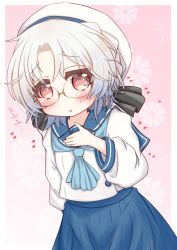 Rule 34 | 1girl, ascot, beret, black ribbon, blue ascot, blue hair, blue sailor collar, blue skirt, blush, braid, brown eyes, commentary request, floral background, glasses, gradient hair, hair ribbon, hand up, hat, heart, highres, hirato (kancolle), kantai collection, long sleeves, looking at viewer, multicolored hair, parted bangs, parted lips, pink background, pleated skirt, ribbon, ridy (ri sui), sailor collar, school uniform, serafuku, shirt, skirt, smile, solo, translation request, white hair, white hat, white shirt