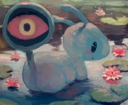 Rule 34 | bad id, bad pixiv id, black eyes, blue eyes, closed mouth, commentary request, creature, extra eyes, flower, lily pad, looking at viewer, looking back, lotus, manino (mofuritaionaka), original, pink flower, smile, wading, water