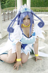 Rule 34 | 1girl, ankle boots, asian, blue eyes, blue hair, boots, bow, bracelet, breasts, choker, chouzuki maryou, cleavage, cosplay, cure diamond, cure diamond (cosplay), dokidoki! precure, dress, headpiece, highres, jewelry, kneeling, large breasts, long hair, magical girl, matching hair/eyes, photo (medium), plump, ponytail, precure, puffy short sleeves, puffy sleeves, ribbon, short sleeves, solo, tiara