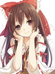 Rule 34 | 1girl, artist name, ascot, bad id, bad twitter id, bow, brown eyes, brown hair, detached sleeves, floral background, hair ornament, hair ribbon, hair tubes, hakurei reimu, japanese clothes, long hair, long sleeves, looking at viewer, miko, nunucco, ribbon, shirt, simple background, smile, solo, table, touhou, white background, wide sleeves