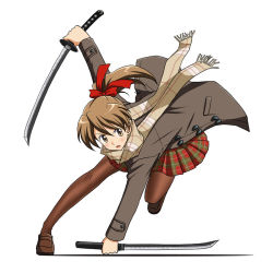 Rule 34 | 1girl, bent over, black pantyhose, blush, bow, brown eyes, brown hair, coat, dual wielding, fighting stance, hair bow, holding, kodachi, lielos, miniskirt, pantyhose, plaid, plaid skirt, pleated skirt, poniko (lielos), ponytail, scarf, short sword, skirt, solo, standing, sword, weapon, white background