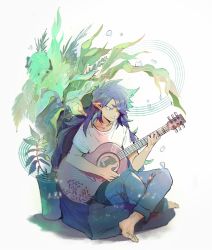 Rule 34 | 1boy, barefoot, black pants, cap-paper, fengxi (the legend of luoxiaohei), full body, guitar, hair over one eye, highres, holding, holding instrument, instrument, leaf, long hair, pants, plant, pointy ears, potted plant, purple hair, shadow, shirt, short sleeves, sitting, solo, luo xiaohei zhanji, white background, white shirt