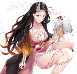 Rule 34 | 1girl, black hair, blood, breasts, brown hair, cleavage, collarbone, commentary request, cuts, fangs, feet out of frame, fire, gradient hair, hair ornament, hair ribbon, highres, horns, injury, japanese clothes, kamado nezuko, kimetsu no yaiba, kimono, large breasts, long hair, looking at viewer, multicolored hair, no panties, obi, open clothes, parted lips, pink eyes, pink kimono, pink ribbon, ponytail, ribbon, ru zhai, sash, severed head, short sleeves, silver hair, simple background, single horn, spoilers, very long hair, white background, wide sleeves