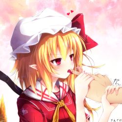 Rule 34 | 1girl, adapted costume, blonde hair, blood, blush, bow, crystal, cuts, female focus, flandre scarlet, ginzake (mizuumi), hair bow, hat, heart, injury, laevatein, licking, licking finger, pointy ears, red eyes, saliva, side ponytail, solo, sweatdrop, touhou, trembling, wings