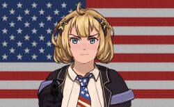 Rule 34 | 1girl, absurdres, ahoge, aiming, aiming at viewer, american flag, american flag background, american flag neckwear, blonde hair, blue eyes, collared shirt, commentary, english commentary, frown, girls&#039; frontline, gun, hair ornament, handgun, highres, holding, holding gun, holding weapon, jacket, looking at viewer, m1911, m1911 (girls&#039; frontline), m1911 (mod3) (girls&#039; frontline), medium hair, necktie, shirt, solo, star (symbol), star hair ornament, straight-on, the superweirdo, upper body, weapon, white shirt