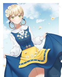 Rule 34 | 1girl, absurdres, apron, blonde hair, blue dress, border, braid, clothes lift, commentary request, dress, dress lift, floral print, flower, green eyes, hair flower, hair ornament, highres, kuroneko13x, looking at viewer, original, oxeye daisy, petals, signature, smile, solo, sweden, swedish clothes, traditional clothes, white border