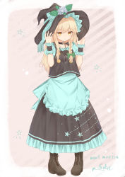 Rule 34 | 1girl, alternate color, aqua apron, aqua bow, black hat, black skirt, black vest, blonde hair, boots, bow, braid, character name, choker, closed mouth, collarbone, commentary request, flat chest, full body, green bow, hair bow, hair ribbon, hands up, hat, hat bow, highres, jewelry, kirisame marisa, light blush, light frown, long hair, looking down, marisuku, o-ring, o-ring choker, pendant, pigeon-toed, ribbon, side braid, simple background, single braid, skirt, solo, standing, star (symbol), touhou, tress ribbon, vest, witch hat, wrist cuffs, yellow eyes