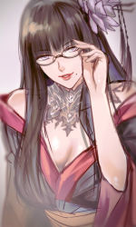 Rule 34 | 1girl, adjusting eyewear, bad id, bad pixiv id, bare shoulders, black hair, breasts, cleavage, close-up, final fantasy, final fantasy xiv, flower, glasses, hair flower, hair ornament, highres, hime cut, hyur, japanese clothes, kacyu, kimono, large breasts, lipstick, long hair, looking at viewer, makeup, mole, mole under mouth, off shoulder, parted lips, sketch, smile, solo, yellow eyes, yotsuyu goe brutus