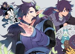Rule 34 | 6+boys, aqua horns, black cat, cat, closed eyes, dated, fengxi (the legend of luoxiaohei), grey background, hand up, horns, long sleeves, looking at viewer, luo xiaohei, luo xiaohei (cat), luo xiaohei zhanji, luozhu (the legend of luoxiaohei), multiple boys, multiple views, open mouth, outline, pointy ears, purple eyes, smile, solo focus, tianhu (the legend of luoxiaohei), twitter username, upper body, vox, white outline, wrestling, wuxian (the legend of luoxiaohei), xuhuai (the legend of luoxiaohei)