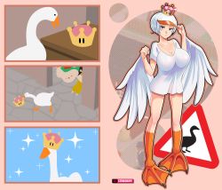 Rule 34 | 1girl, :|, adjusting clothes, adjusting headwear, artist name, bad id, bad pixiv id, bird, black eyes, blouse, bowser, breasts, cleavage, closed mouth, collar, collarbone, crossover, crown, dithered background, dithering, flippers, full body, goose, goose (untitled goose game), hat, highres, holding, holding crown, knees, large breasts, looking at viewer, low-cut, mario (series), nintendo, personification, road sign, shirt, short hair, short sleeves, sign, sparkle, spiked collar, spikes, standing, star (symbol), steve chopz, super crown, super mario odyssey, untitled goose game, visor cap, walking, white hair, white shirt, winged arms, wings