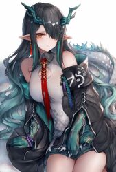 Rule 34 | 1girl, arknights, bead bracelet, beads, black hair, black jacket, bracelet, breasts, brown eyes, closed mouth, colored skin, dragon girl, dragon horns, dragon tail, dusk (arknights), earrings, green horns, green skin, horns, jacket, jewelry, long hair, looking at viewer, medium breasts, pointy ears, simple background, sitting, snm (sunimi), solo, tail, thighs, white background