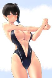 Rule 34 | 1girl, black one-piece swimsuit, breasts, brown eyes, brown hair, cleavage cutout, clothing cutout, hair between eyes, highres, inverted nipples, kaga (kancolle), kantai collection, large breasts, long hair, looking at viewer, navel, navel cutout, nipple slip, nipples, one-piece swimsuit, outdoors, parted lips, side ponytail, simple background, solo, standing, stretching, swimsuit, wa (genryusui)