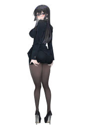 Rule 34 | 1girl, absurdres, ass, ass support, black eyes, black footwear, black hair, black jacket, black pantyhose, black skirt, breasts, closed mouth, clothes lift, earrings, eyelashes, from behind, full body, glasses, grey-framed eyewear, highres, jacket, jewelry, jintianhuahualema, looking at viewer, looking back, medium breasts, mole, mole under eye, nail polish, office lady, original, paid reward available, pantyhose, purple nails, semi-rimless eyewear, simple background, skirt, skirt lift, solo, straight hair, suit jacket, under-rim eyewear, white background