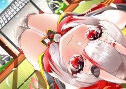 Rule 34 | 1girl, absurdres, artist request, bare legs, blush, highres, hololive, horns, indoors, legs together, looking at viewer, looking up, lying, nakiri ayame, nakiri ayame (1st costume), on back, red eyes, thighhighs, thighs, virtual youtuber, wavy mouth, white hair