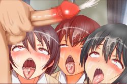 Rule 34 | 3girls, black hair, blush, brown hair, censored, cum, cum in mouth, cum on hair, cum on tongue, ejaculation, facial, furitendou, highres, hypnosis, indoors, looking up, mind control, mosaic censoring, multiple girls, open mouth, original, penis, ponytail, red eyes, red hair, saliva, short hair, short ponytail, standing, tan, tongue, tongue out