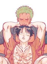 Rule 34 | 2boys, abs, arms up, bare pectorals, black eyes, black hair, blush, closed eyes, couple, dark-skinned male, dark skin, earrings, facial scar, green hair, hand on another&#039;s neck, highres, jewelry, looking up, male focus, monkey d. luffy, multiple boys, nipples, nok (nok 1), one piece, open clothes, open shirt, pectoral pillow, pectorals, red shirt, roronoa zoro, scar, scar on cheek, scar on chest, scar on face, shirt, short hair, sideburns, simple background, single earring, sitting, upper body, white background, yaoi