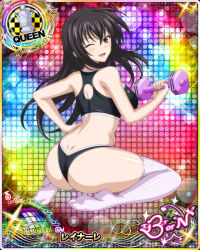 Rule 34 | 1girl, black hair, breasts, card (medium), chess piece, high school dxd, large breasts, long hair, looking at viewer, official art, one eye closed, purple eyes, queen (chess), raynare, smile, solo, wink