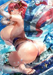 Rule 34 | 1girl, ass, azur lane, bare shoulders, blue eyes, blue sky, blush, breasts, chromatic aberration, elbow gloves, feet, gloves, hair ornament, highleg, highleg swimsuit, highres, large breasts, long hair, looking at viewer, one side up, open mouth, pink hair, sideboob, signo aaa, sitting, sky, smile, soles, surcouf (azur lane), swimsuit, toeless legwear, wariza, water, white gloves, white legwear