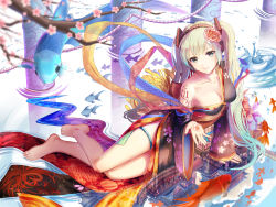 Rule 34 | 1girl, absurdres, barefoot, cherry blossoms, fish, flower, green eyes, green hair, hair flower, hair ornament, hatsune miku, highres, japanese clothes, kimono, long hair, looking at viewer, matching hair/eyes, off shoulder, solo, tattoo, thigh strap, twintails, vocaloid, x-red flower