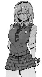 Rule 34 | 1girl, badge, breasts, collared shirt, commentary request, earrings, greyscale, hairband, highres, higurashi no naku koro ni, holding, holding phone, houjou satoko, jewelry, large breasts, long28, looking at viewer, loose necktie, monochrome, necktie, phone, pleated skirt, school uniform, scrunchie, shirt, short hair, simple background, skirt, sleeves rolled up, solo, st. lucia academy school uniform, sweater vest, wrist scrunchie