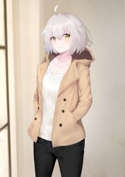 Rule 34 | 1girl, ahoge, alternate costume, black pants, blush, brown coat, brown eyes, casual, closed mouth, coat, collarbone, cowboy shot, fate/grand order, fate (series), hair between eyes, hands in pockets, highres, hood, hood down, hooded coat, indoors, jeanne d&#039;arc (fate), jeanne d&#039;arc alter (avenger) (fate), jeanne d&#039;arc alter (fate), long sleeves, looking at viewer, open clothes, open coat, pants, reuri (tjux4555), shirt, short hair, simple background, solo, unbuttoned, white shirt