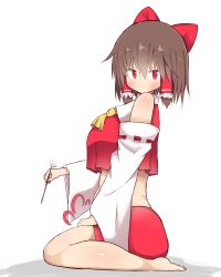 Rule 34 | 1girl, akabeco, blush, breasts, brown hair, closed mouth, cookie (touhou), from side, full body, hair tubes, hakurei reimu, highres, lap pillow invitation, large breasts, looking at viewer, plump, red eyes, reu (cookie), seiza, short hair, simple background, sitting, smile, solo, touhou, white background