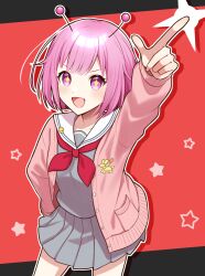 Rule 34 | + +, 1girl, absurdres, antennae, arm up, balloon animal, blush, cardigan, cowboy shot, hand on own hip, highres, long sleeves, looking at viewer, neckerchief, ootori emu, open mouth, pink eyes, pink hair, pleated skirt, pointing, pointing up, project sekai, red background, school uniform, serafuku, short hair, skirt, smile, smiley face, solo, star (symbol), taiyoukei disco (vocaloid), teneko02