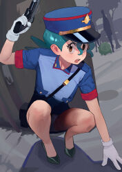 Rule 34 | 1girl, blue hair, brown eyes, commentary, creatures (company), game freak, gloves, gun, hat, high heels, highres, holding, holding gun, holding weapon, jenny (pokemon), looking at viewer, nintendo, open mouth, panties, pantyshot, pokemon, pokemon (anime), pokemon (classic anime), police, police hat, police uniform, policewoman, skirt, solo focus, some1else45, squatting, underwear, uniform, weapon, white gloves, white panties