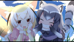 Rule 34 | 10s, 2girls, animal ears, black hair, blonde hair, blush, brown eyes, common raccoon (kemono friends), day, closed eyes, facing viewer, fennec (kemono friends), fox ears, fox tail, gloves, grey hair, highres, kemono friends, looking at viewer, makuran, multicolored hair, multiple girls, open mouth, parted lips, raccoon ears, raccoon tail, short hair, smile, tail, teeth, white gloves, white hair