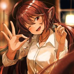 Rule 34 | 159cm, 1girl, :d, animal ears, blush, brown eyes, brown hair, collared shirt, earrings, head tilt, jewelry, long hair, long sleeves, looking at viewer, necklace, one eye closed, open mouth, original, shirt, smile, solo, upper body, white shirt, wine-chan (159cm), wing collar