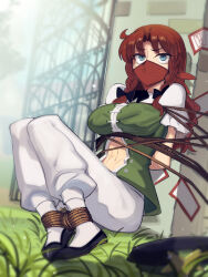 1girl artist_name bdsm bondage bound breasts cad_(caddo) cloth_gag commission gag gagged highres hong_meiling improvised_gag long_hair midriff ofuda over_the_nose_gag pants restrained shibari sitting solo touhou white_pants