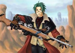 Rule 34 | 1boy, ahoge, belt, bow, canyon, choker, clive winslett, coat, day, glasses, gloves, green eyes, green hair, gun, male focus, matching hair/eyes, oku (hybrid zero), outdoors, pants, parted bangs, rifle, sky, smile, solo, weapon, wild arms, wild arms 3