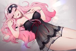 Rule 34 | 1girl, artist name, black nightgown, fingernails, highres, hololive, hololive english, lingerie, long hair, looking at viewer, lying, mori calliope, mori calliope (sleepwear), nail polish, nanoless, nightgown, on back, open mouth, pink eyes, pink hair, pink nails, solo, teeth, thighs, underwear, underwear only, upper teeth only, virtual youtuber