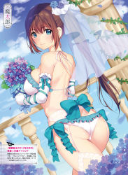 Rule 34 | 1girl, artist name, ass, blue eyes, blue sky, blush, bouquet, bra, breasts, bridal veil, brown hair, closed mouth, cloud, cloudy sky, day, dengeki moeou, elbow gloves, flower, frills, from behind, garter straps, gloves, highres, holding, hydrangea, large breasts, lips, looking at viewer, looking back, mataro (matarou), original, outdoors, panties, petals, pillar, plant, ribbon, ribbon trim, shiny skin, sidelocks, sky, solo, sparkle, underwear, veil, vines, white gloves, white legwear, white panties