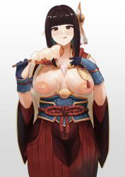 Rule 34 | 1girl, black gloves, black hair, blunt bangs, breasts, breasts out, brown eyes, dango, fewer digits, food, gloves, hair ornament, hakama, highres, hime cut, hinoa, hip vent, holding, holding food, inverted nipples, japanese clothes, large breasts, licking lips, long hair, mikamata, monster hunter (series), monster hunter rise, nipples, partially fingerless gloves, pointy ears, red hakama, sidelocks, solo, tongue, tongue out, wagashi, wide sleeves