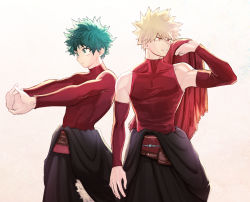Rule 34 | 2boys, bakugou katsuki, bare shoulders, belt, black coat, blonde hair, boku no hero academia, brown belt, cho mo futoshi, closed mouth, clothes around waist, coat, commentary request, detached sleeves, freckles, fringe trim, green eyes, green hair, holding, holding clothes, holding scarf, long sleeves, male focus, midoriya izuku, multiple boys, official alternate costume, own hands clasped, own hands together, red eyes, red scarf, red shirt, scar, scarf, shirt, short hair, simple background, spiked hair, standing, stretching, teeth, tight clothes, tight shirt, white background