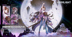 1girl arm_up boots brown_hair closed_mouth company_name copyright_name copyright_notice electricity english_text flower_knot full_moon grimlight highres holding holding_sword holding_weapon japanese_clothes kaguya_(grimlight) long_hair looking_at_viewer moon multiple_views official_alternate_costume official_art pelvic_curtain red_eyes sword thigh_boots weapon