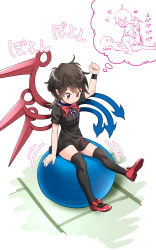 Rule 34 | 1girl, asymmetrical wings, ball, black dress, black hair, black thighhighs, bow, bowtie, center frills, clothed sex, commentary request, dress, exercise ball, footwear bow, frills, goroumaru, highres, houjuu nue, red bow, red bowtie, red eyes, red footwear, sex, shoes, short dress, short hair, short sleeves, sitting, solo focus, text focus, thighhighs, thought bubble, touhou, wings