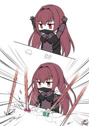 Rule 34 | 1girl, 2koma, armor, bodysuit, bongo cat, chibi, comic, commentary request, emphasis lines, fate/grand order, fate (series), gae bolg (fate), hair intakes, jitome, long hair, mask, meme, mouth mask, okitakung, pauldrons, polearm, purple hair, red eyes, scathach (fate), scathach (first ascension) (fate), shoulder armor, solo, spear, twitter, weapon