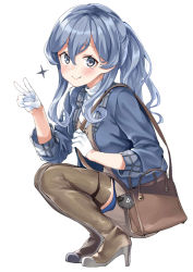 Rule 34 | 1girl, bag, blue eyes, blue hair, blue jacket, blush, boots, brown footwear, closed mouth, dress, ebifurya, gloves, gotland (kancolle), hair between eyes, high heel boots, high heels, highres, jacket, kantai collection, long hair, long sleeves, looking at viewer, mole, mole under eye, short dress, side ponytail, simple background, sitting, smile, solo, thigh boots, thighhighs, v, white background, white gloves