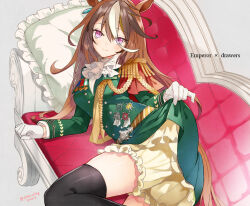 Rule 34 | 1girl, aiguillette, animal ears, ascot, belt, black thighhighs, bloomers, breasts, brown hair, chaise longue, closed mouth, dated, dress, english text, epaulettes, feet out of frame, gloves, green dress, grey background, horse ears, horse girl, horse tail, long hair, long sleeves, looking at viewer, lying, medium breasts, merueto, on side, petticoat, pillow, pink eyes, shirt, simple background, single epaulette, small breasts, smile, solo, symboli rudolf (umamusume), tail, thighhighs, twitter username, umamusume, underwear, white gloves, white shirt